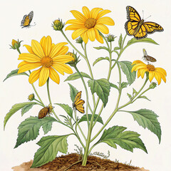 set of yellow flowers and butterflies