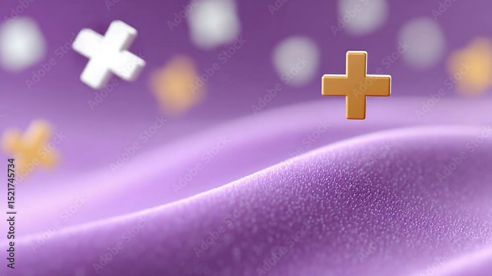Poster abstract plus signs: floating plus signs in bronze and white against a soft purple textured backgrou
