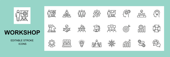 Workshop icon set. Containing team building, collaboration, teamwork, coaching, problem-solving and education icons. Solid icon collection, Editable stroke. Vector illustration.