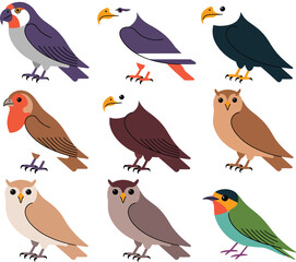 Fototapeta premium A collection of nine stylized bird illustrations, including eagles, owls, and other colorful birds.