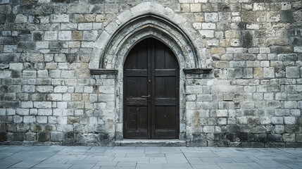 Fototapeta premium Detailed frontal shot of a historic doorway framed by a stone arch and wall, all set against a plain white backdrop