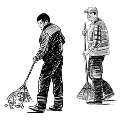 Hand drawing of two janitors with brooms, working outdoors, realistic sketch, vector illustration isolated on white