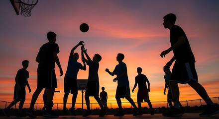 Silhouette of Young Men Playing Basketball at Sunset Teamwork, Competition, and the Joy of the Game