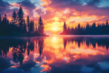 Obraz premium Vibrant Sunrise Reflected in Still Lake Waters Surrounded by Silhouetted Evergreen Trees.