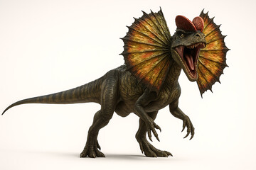 A dynamic, full shot of a meticulously rendered Dilophosaurus.