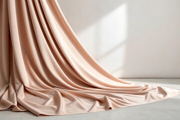 Elegant peach fabric drape on a concrete surface with natural light and shadow
