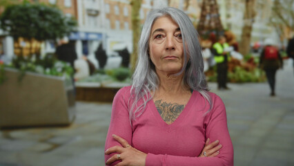 Grey-haired senior woman with arms crossed in an outdoor city street, suggesting confidence and strength amidst the urban environment, wearing a pink sweater and tattoo.