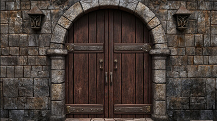 Panoramic view of a dark brown wooden door from a medieval castle set into a stone 