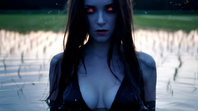 Succubus standing in shallow water amidst rice fields at sunset, with a serene expression and soft lighting enhancing the tranquil atmosphere - succubus videos