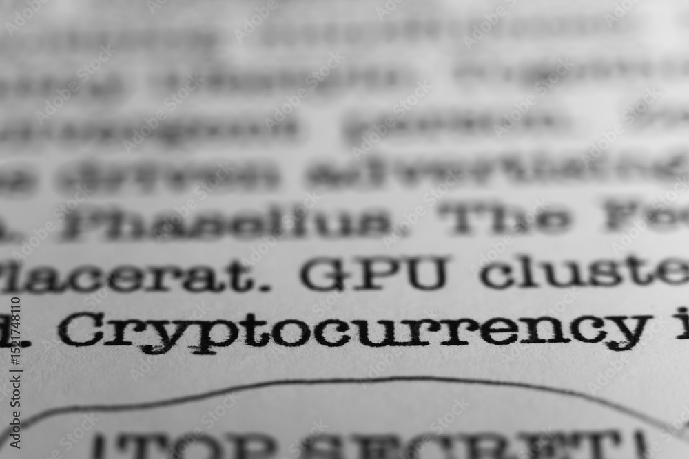 Fototapete cryptocurrency. text printed on a page. a piece of paper with a phrase written in retro typewriter f