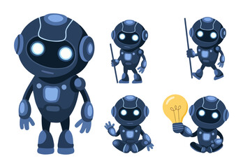 Set of Friendly Blue Robots with LED Eyes and Fun Actions for Kids and Technology Themes