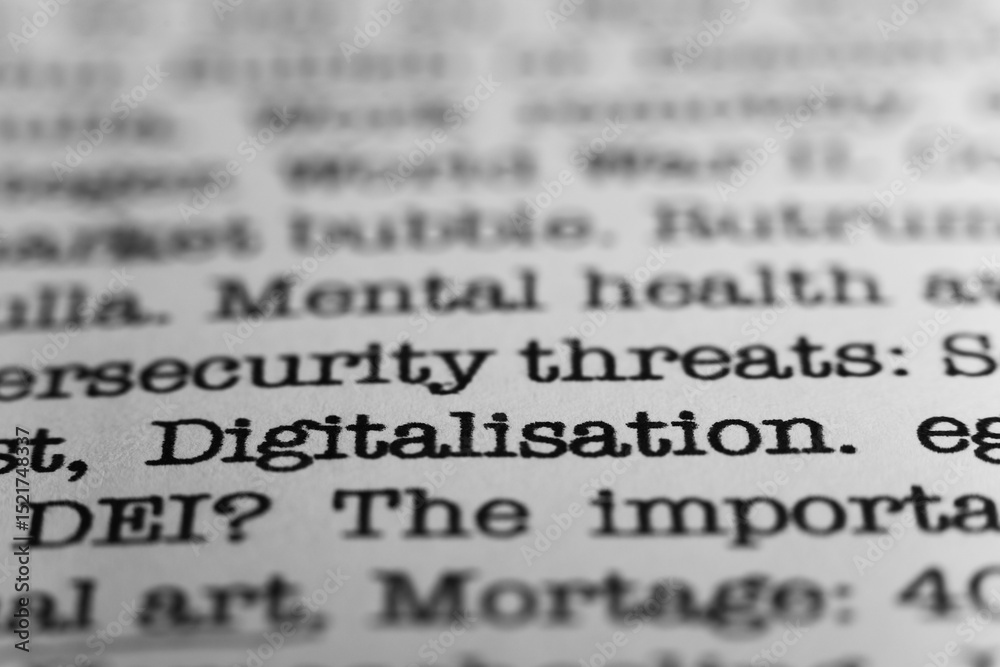 Fototapete digitalisation. text printed on a page. a piece of paper with a phrase written in retro typewriter f