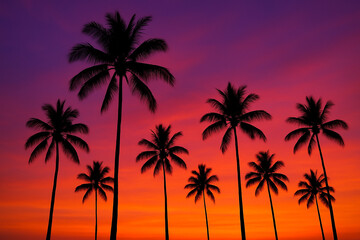 Tropical Palm Tree Silhouettes Against Vibrant Purple Orange Sunset Sky
