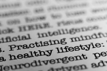 Healthy lifestyle. Text printed on a page. A piece of paper with a phrase written in retro...
