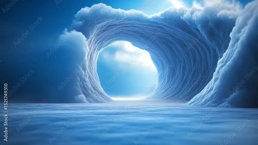 Poster Heavenly Clouds: A mesmerizing visual depiction of serene clouds in a celestial sky, their form subtly shaping into an arch, revealing a glimpse of the brilliant sky beyond.