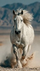 Fototapeta premium Majestic white horse galloping through desert landscape during sunny day