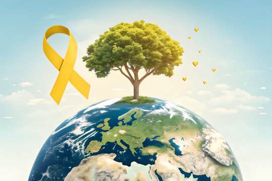 Childhood Cancer Awareness concept with a yellow ribbon, a tree of life on planet Earth, and hearts symbolizing hope and global support generative ai - Powered by Adobe