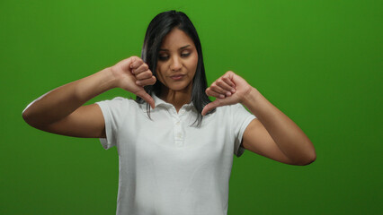 Woman expressing dissatisfaction with both thumbs down against a vibrant green background,...