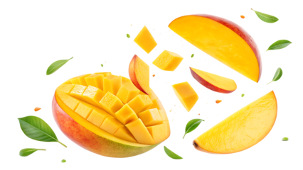 flying mango fruit with half slices isolated on white background PNG