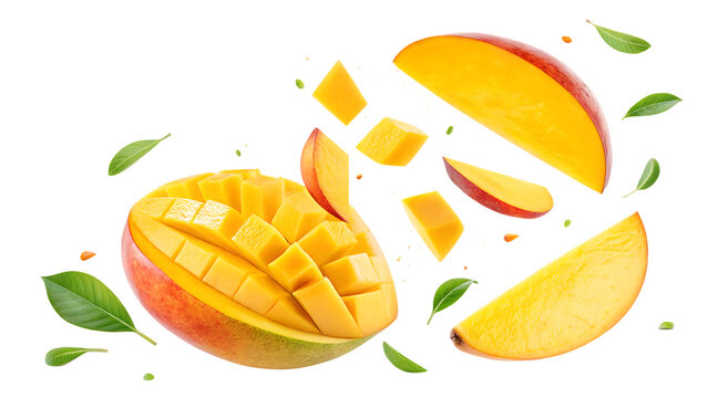 flying mango fruit with half slices isolated on white background PNG