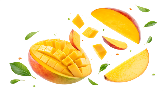 flying mango fruit with half slices isolated on white background PNG