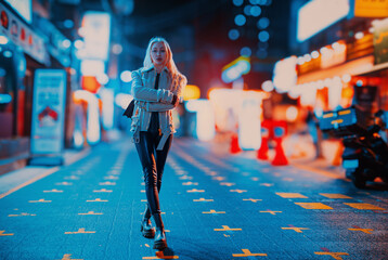 Young beautiful blond woman walking at night Seoul street