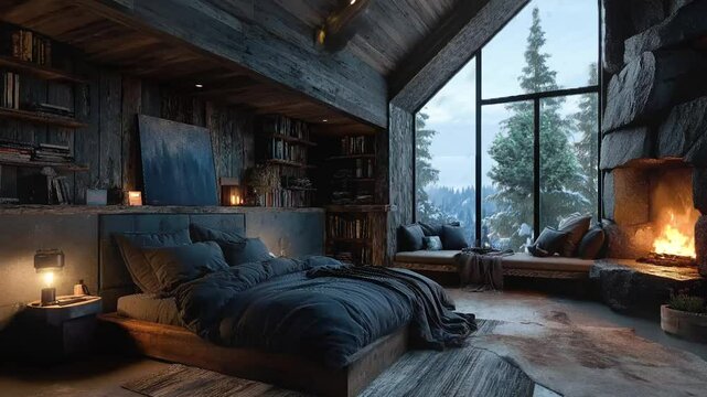 Coziness in the classic wooden cabin bedroom with fireplace seamless looping animation looping background