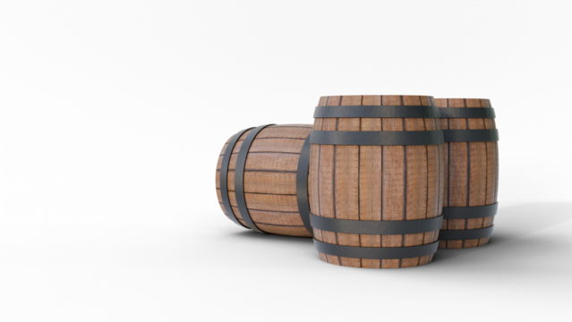 Brown wooden barrels, standing upright and lying down, isolated on background with copy space. Wine, beer or ale barrels.
