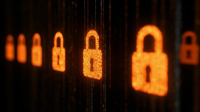 digital neon light lock symbol on screen, online network security and personal data security theme 
