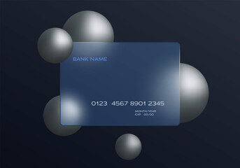 Stylish dark glass credit card with metallic silver spheres floating on rich dark blue gradient background, fintech interface concept in modern vector glass morphism style.