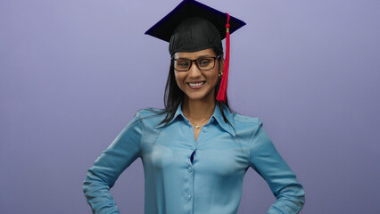 Confident woman in graduation cap over purple background stands smiling, representing academic...