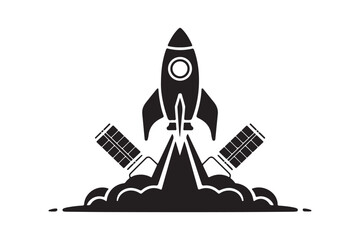 Rocket Launch with Satellites Icon Space Shuttle Liftoff Silhouette Vector