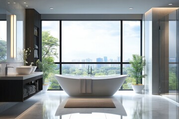 Fototapeta premium Modern luxury bathroom with city view