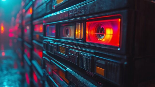 Retro Cassette Decks: A vibrant close-up of multiple vintage cassette tape decks, their illuminated playback heads glowing with a neon-like light, evokes feelings of nostalgia and 80s synthwave.