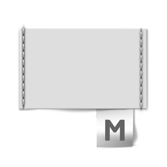 Rectangular blank textile label with stitching along the edges and letter M at the bottom.