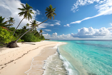 Serene tropical beach paradise featuring leaning palm trees over white sand and crystal-clear turquoise ocean waters under a blue sky generative ai