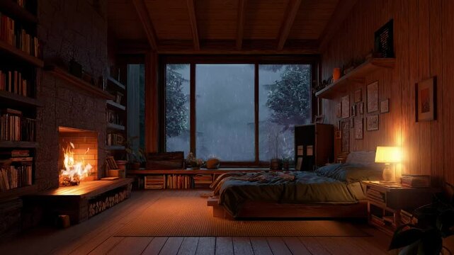 Coziness in the classic wooden cabin bedroom with fireplace seamless looping animation looping background