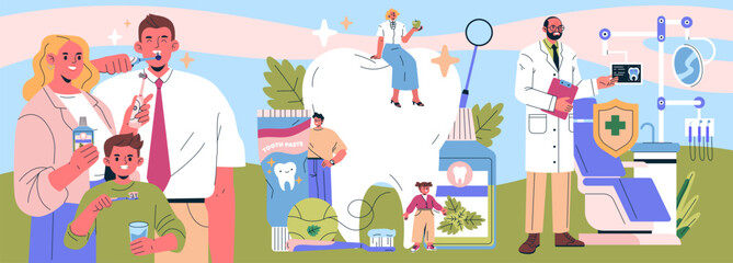 Family Practicing Dental Hygiene and Visiting Dentist