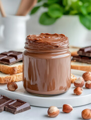 A large jar of chocolate hazelnut paste stands on a beautiful white tray, surrounded by chocolate bars and nuts