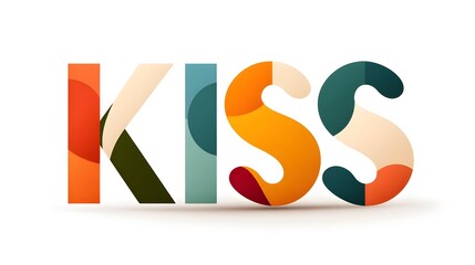 Vibrant illustration of the word KISS in bold, colorful typeface. Each letter features unique geometric patterns and shades, creating a lively and dynamic visual effect.