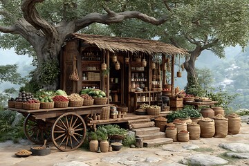 Obraz premium Village road vendor selling vegetables and fruits high resolution picture
