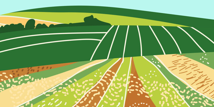 Agriculture farm green banner. Organic abstract field background. Panoramic meadow view, abstract hill, hand drawn vector art.