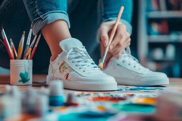 A creative teenager painting custom sneakers at home