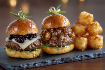 Mini sliders placed on slate board with clean top lighting. Juicy patties topped with unique flavors create an inviting presentation. Concept of gourmet dining, food presentation, culinary arts