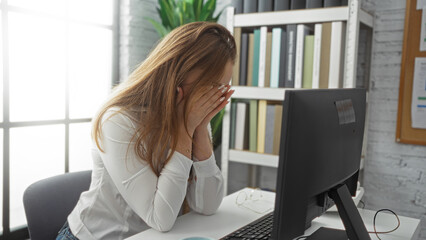 Woman sitting at desk in modern office with head in hands conveying stress in workplace with computer bookshelves indoor setting. © Krakenimages.com