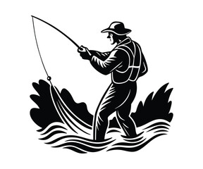 Funny cartoon silhouette of a fisherman with a fishing rod in a boat on the water, a sport fishing illustration