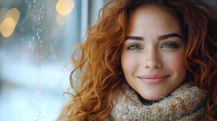 A woman with curly red hair smiling peacefully while sipping tea by a rainy window