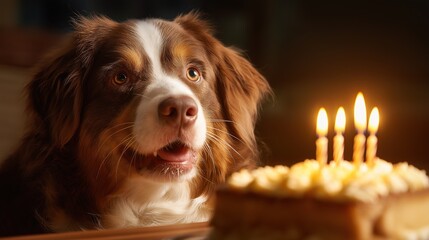 Happy Dog Celebrating Birthday with Candlelit Cake, Birthday Party for Dog with Candlelit Cake and Joyful Expression