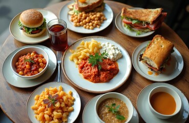 Various food dishes served on wooden table. Plates include burgers sandwiches pasta salads soups appetizers. Restaurant cafe lunch meal. Healthy fresh organic food.