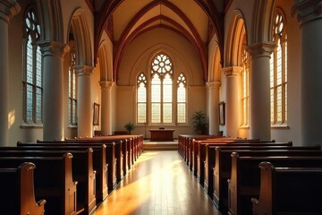 Serene church interior bathed in sunlight, highlighting stained-glass windows and quiet pews; a peaceful place of worship and contemplation , spiritual, quiet, tranquil